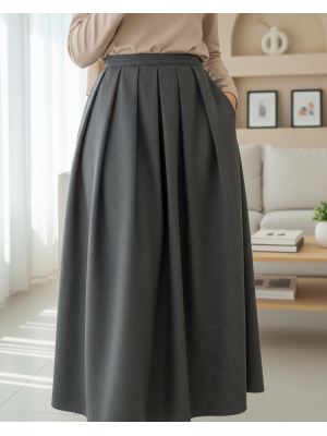 Pileli Fermuarlı Kaşe Etek   -Füme