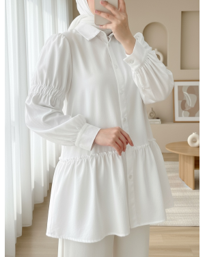 Shirt with Gathered Ruffle Detail on the Sleeve -White
