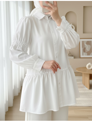 Koldan Büzgülü Fırfır Detaylı Gömlek -Beyaz