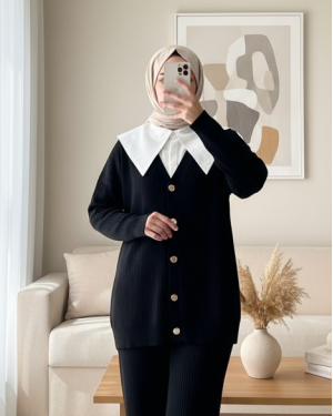 Buttoned Ribbed Knitwear Cardigan -Black