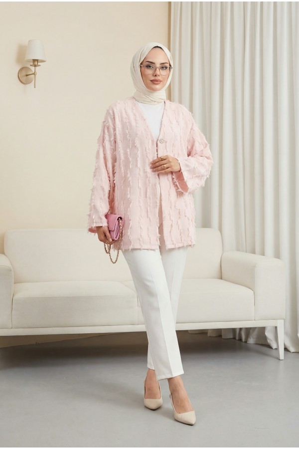 Saçaklı Tek Düğmeli Kare Desenli Kimono -Pudra