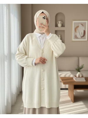 Düğmeli Kışlık Tesettür Triko Hırka -Taş