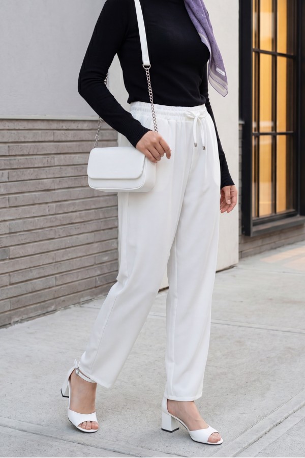 Slim Leg Trousers with Waist Lace -White
