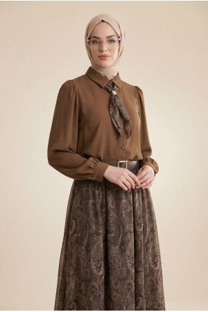 Boydan Düğmeli Kolları Büzgü Detay Eteği Etnik Desenli Takım  -Kahve