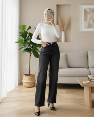 High Waist Lycra Wide Leg Jeans with Pockets -Black