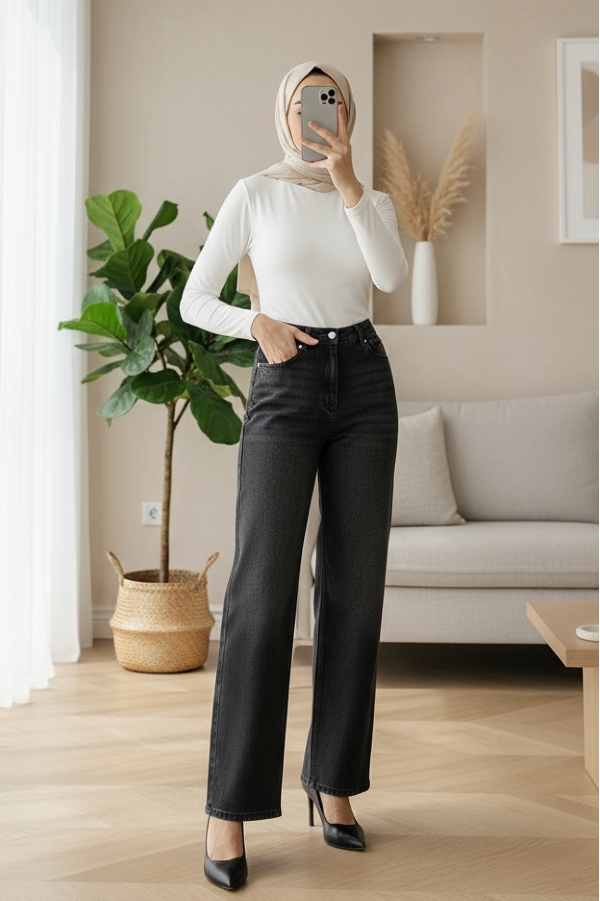 High Waist Lycra Wide Leg Jeans with Pockets -Black