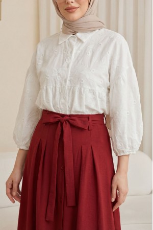 Kolu Lastikli Fistolu Yarı Transparan Keten Gömlek -Beyaz
