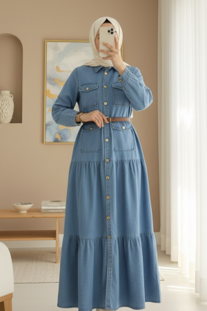 Boydan Düğmeli Cepli Kemerli Kot Elbise -Mavi