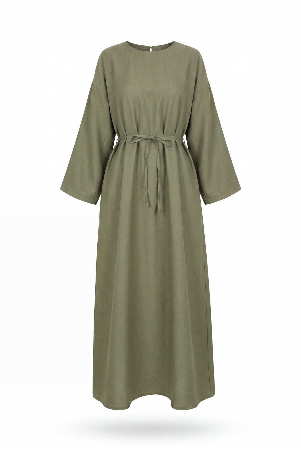 Linen Dress with Tied Waist and Back Zipper  -Khaki