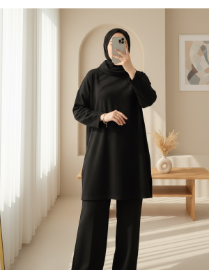 Balıkçı Yaka Yırtmaçlı Selanik Tunik   -Siyah