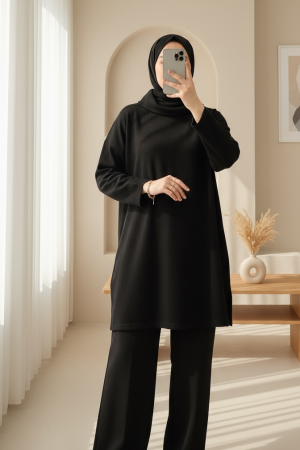 Balıkçı Yaka Yırtmaçlı Selanik Tunik   -Siyah