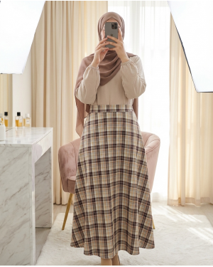 Elasticated Waist Plaid Pattern Polyviscose Skirt -Brown