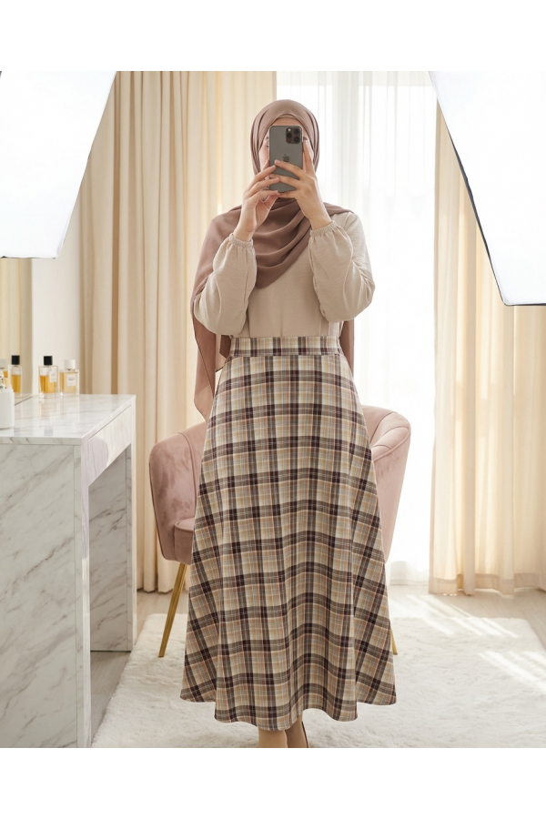 Elasticated Waist Plaid Pattern Polyviscose Skirt -Brown