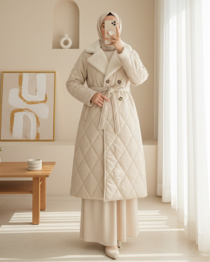 Quilted Coat with Plush Collar and Inside Lining, Waist Belt and Pocket  - Beige