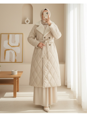 Quilted Coat with Plush Collar and Inside Lining, Waist Belt and Pocket  - Beige