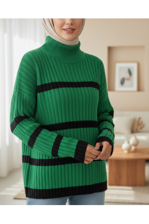 سترة تريكو مخططة بأكمام فضفاضة  -فورست جرين