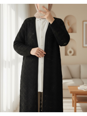 Ajurlu Ara Boy Salaş Triko Hırka -Siyah