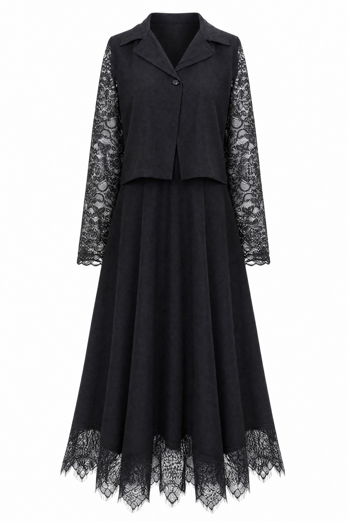 One-button Strawberry Set with Lace Detail on Sleeves and Hem -Black