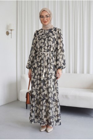 Robadan Büzgülü Kemerli Astarlı Şifon Elbise -Antrasit