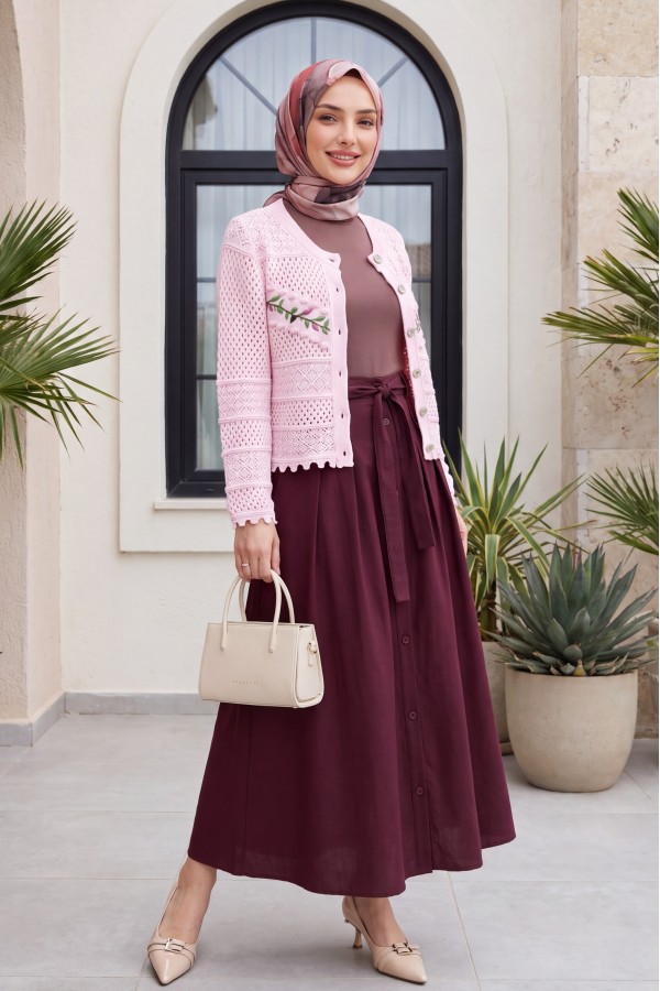 Düğmeli Önü Nakışlı Ajurlu Triko Hırka  -Pembe