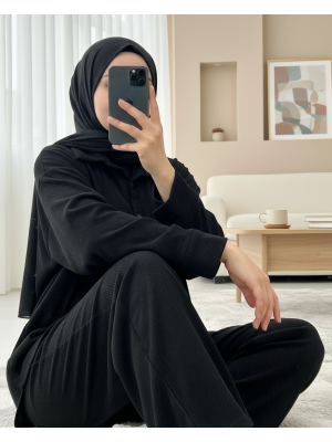 Gömlek Pantolon İkili Kadife Takım -Siyah