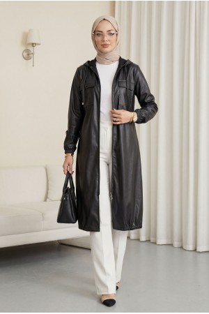 Kapaklı Cepli Boydan Fermuarlı Deri Kap -Siyah
