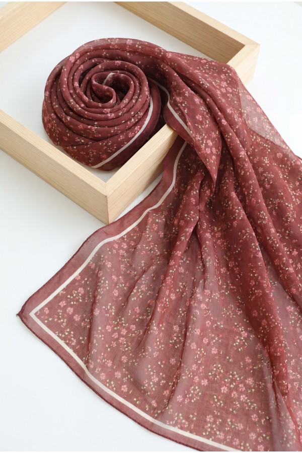 Crisp Floral Patterned Voile Scarf -Maroon