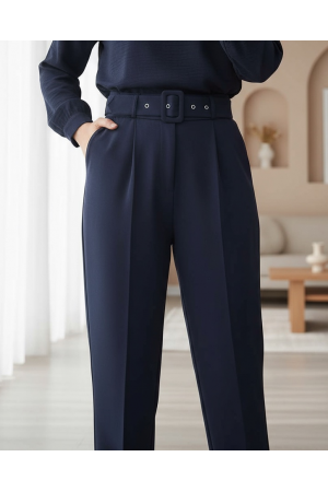 Thick Belted Fabric Trousers  -Navy blue