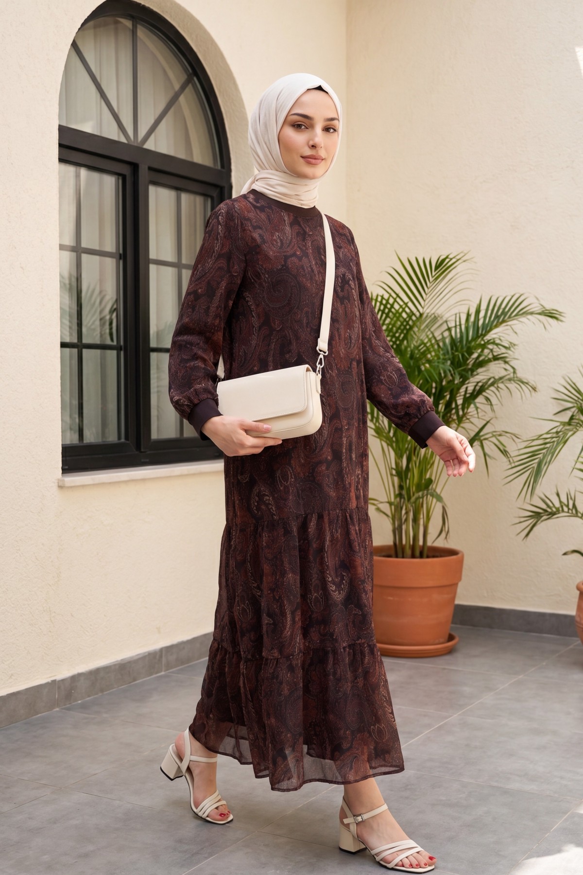 Ethnic Pattern Skirt Piece Lined Chiffon Dress  -Damson
