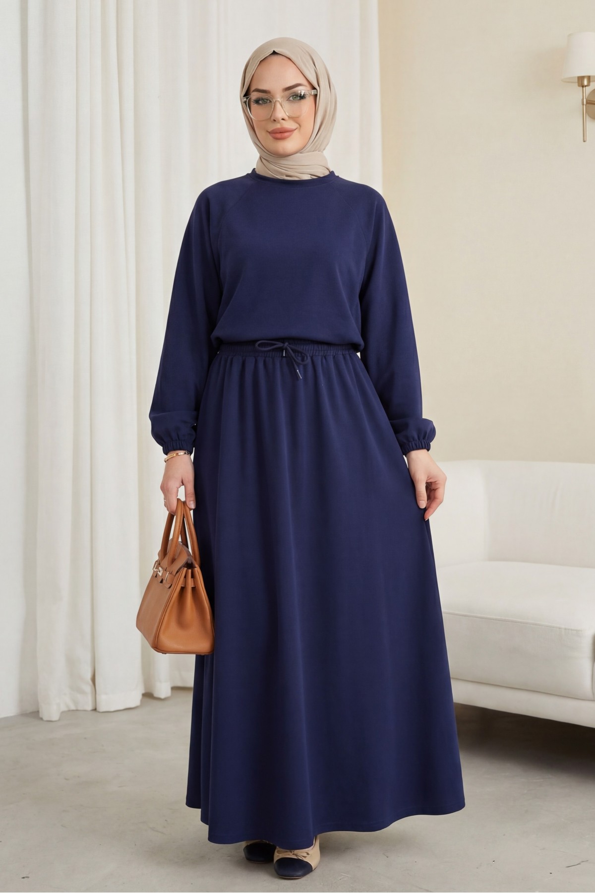 Round Neck, Batwing Sleeve, Elastic Waist Skirt Set  -Navy blue
