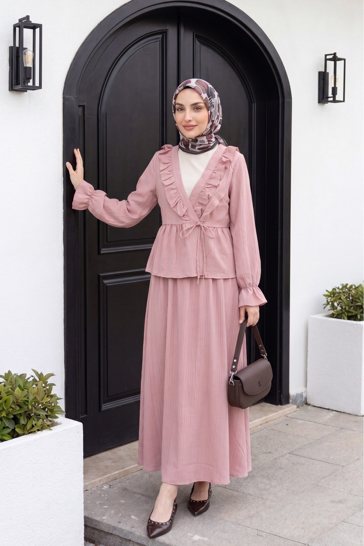 Kimono Suit with Ruffled Collar and Tied Front Skirt  -Pink