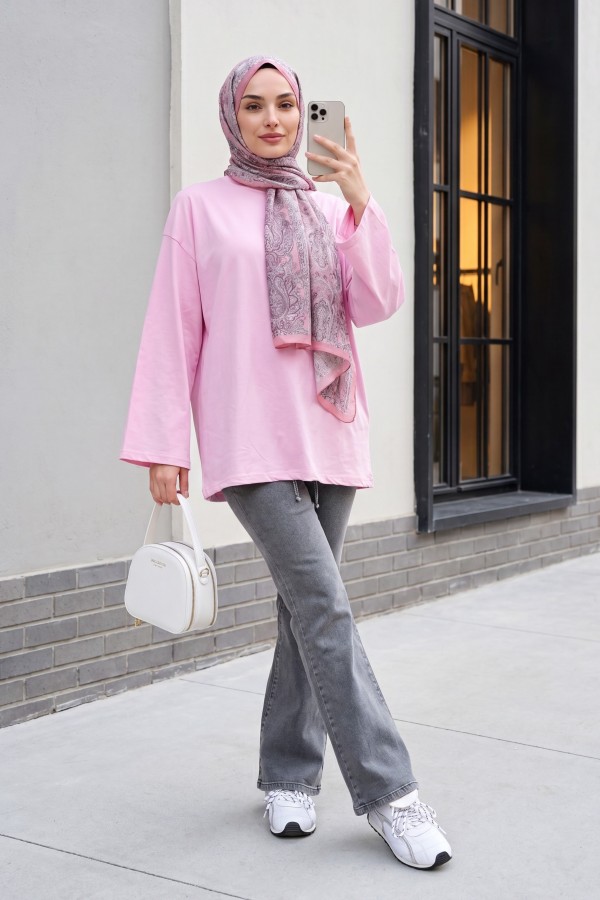 Yuvarlak Yaka Salaş Penye Tunik     -Pembe