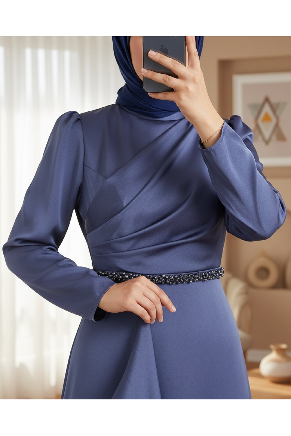 Frilly Skirt and Stone Waist Judge Collar Satin Evening Dress  -Blue