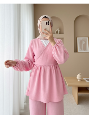 Kolu Lastikli İp Bağcıklı Müslin Takım  -Pudra