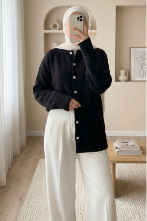 Taşlı Düğmeli Yumoş Salaş Triko Hırka -K. Kahve