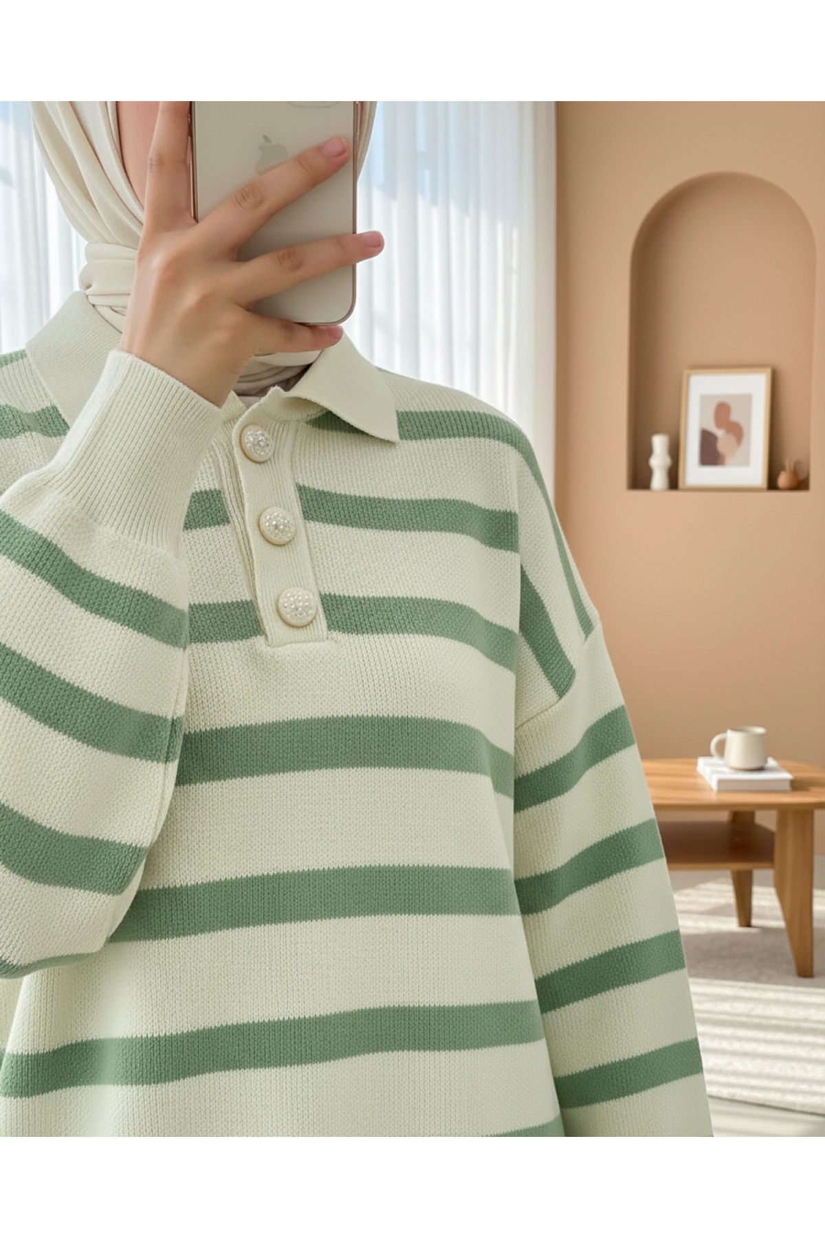 Polo Collar Buttoned Striped Knitwear Suit  -Green
