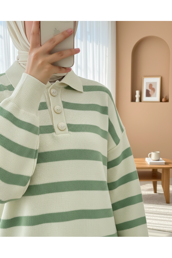 Polo Collar Buttoned Striped Knitwear Suit  -Green