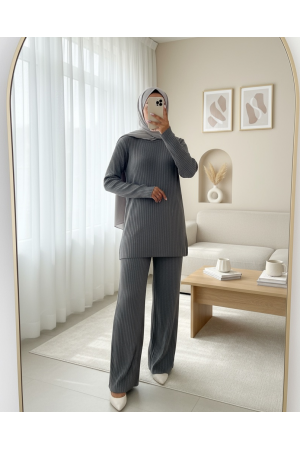 طقم بروتيل بياقة مستديرة -اللون الرمادي