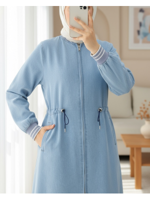 Beli Lastikli Tünel Bağcıklı Fermuarlı Kot Kap  -Açık Mavi