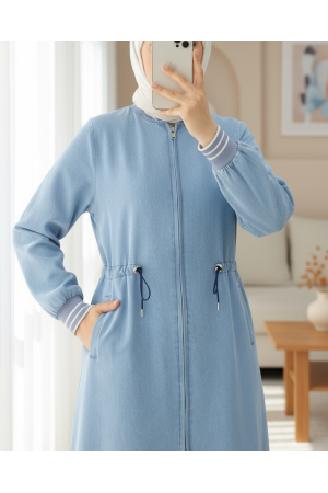 Beli Lastikli Tünel Bağcıklı Fermuarlı Kot Kap  -Açık Mavi