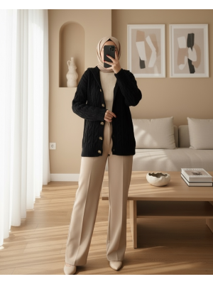 15856 Saç Örgülü Hırka - Siyah