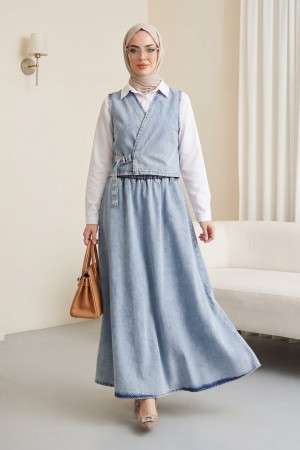Side Tie Vest Skirt Denim Set -Ice Blue