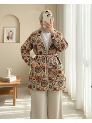 Çift Cepli Çıtçıt Düğmeli Astarlı Kapitone Ceket -Bej