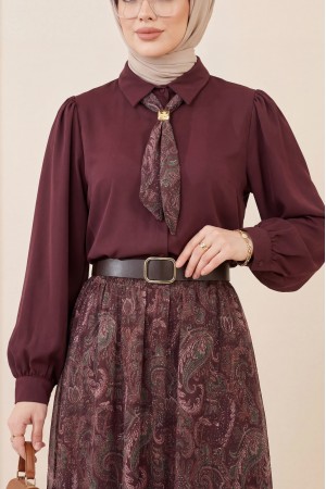 Boydan Düğmeli Kolları Büzgü Detay Eteği Etnik Desenli Takım -Bordo