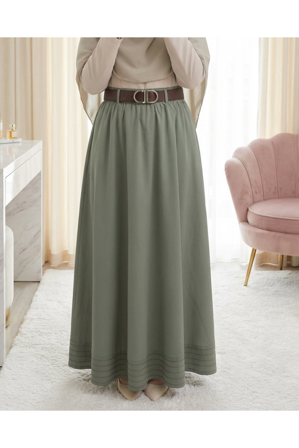 Etek Ucu Dikiş Detaylı Beli Lastikli Astarlı İthal Soft Gabardin Etek -Çağla Y.