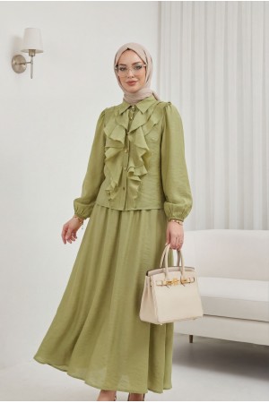 Önü Fırfırlı Kolu Lastikli Eteği Astarlı Çilek Takım  -Zeytin