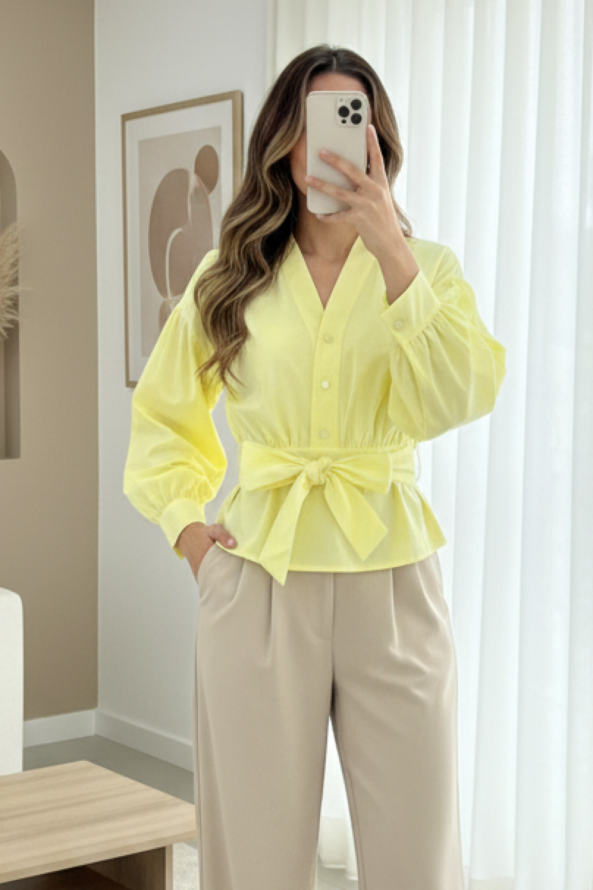 Yarım Düğmeli Beli Kuşaklı Poplin Gömlek -Açık Sarı