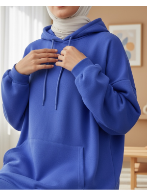  Kanguru Cepli Kapşonlu Düz Sweat  -Saks