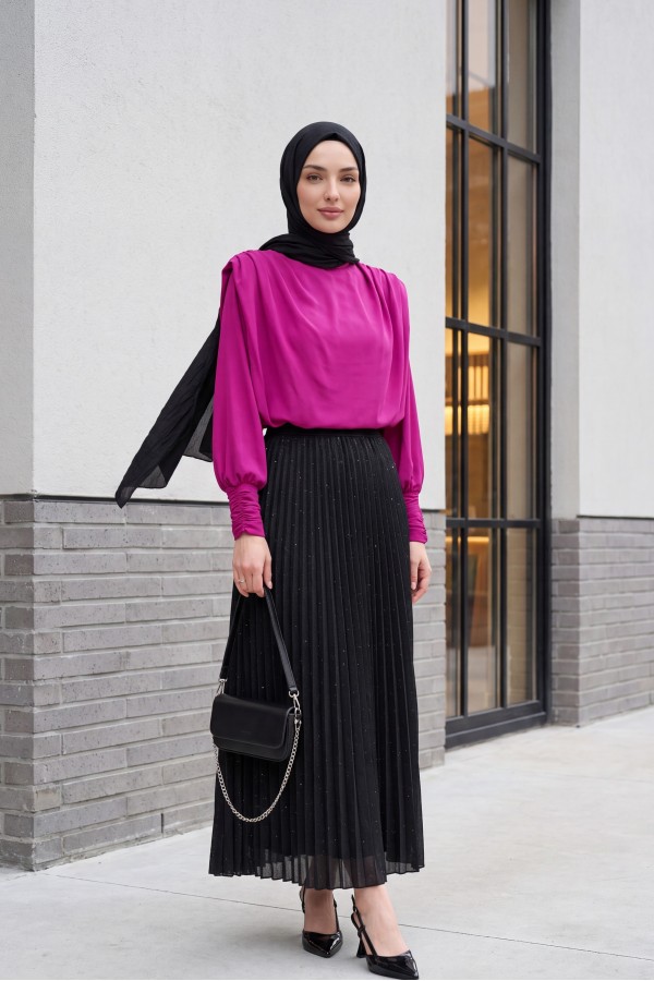 Shoulder Padded Sleeve Gathered Blouse   -Pink