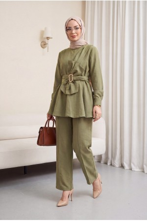 Beli Tokalı Fiyonk Detaylı Pantolonlu Cupra Takım  -Haki